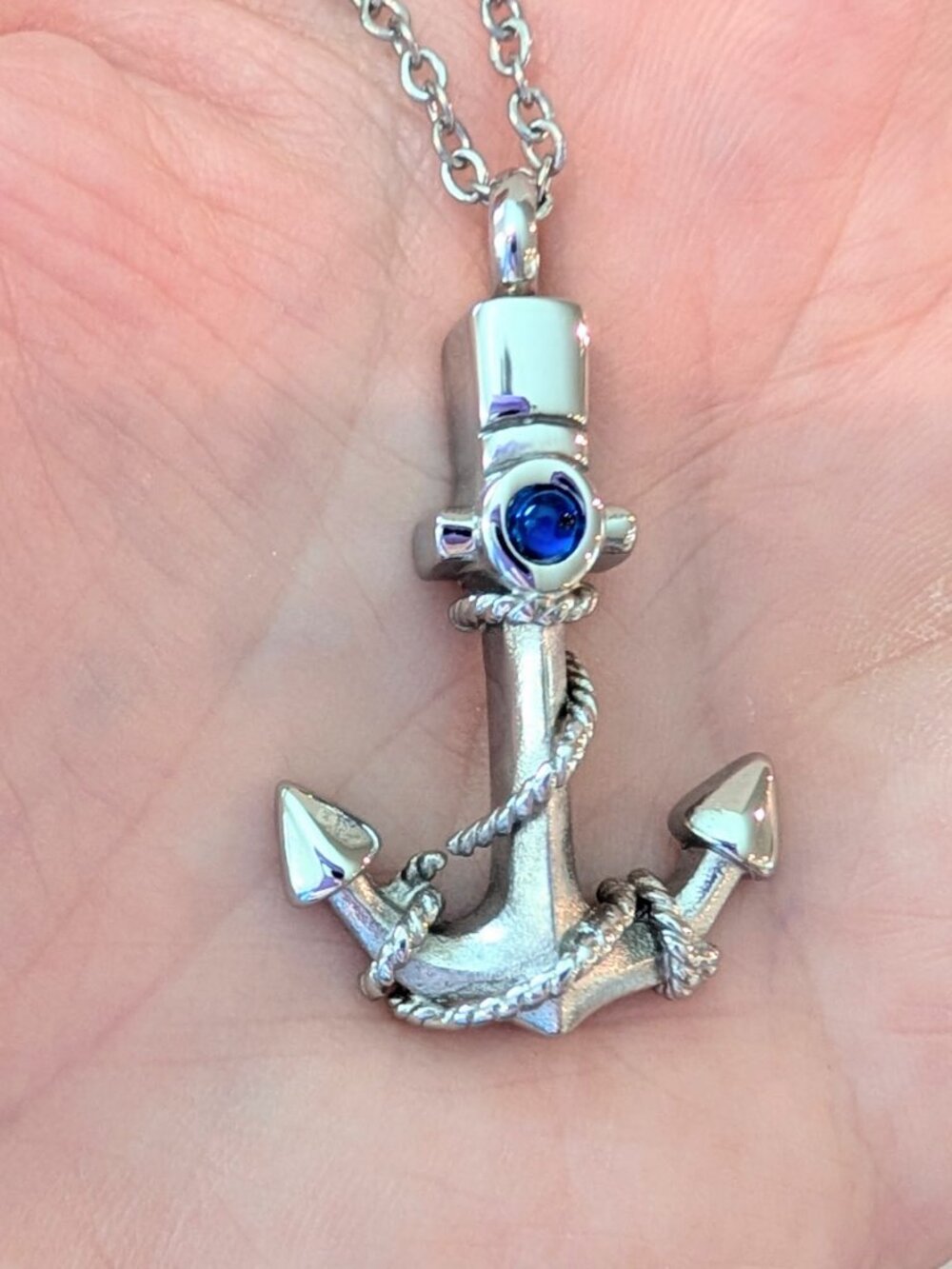 Anchor Cremation Urn Necklace for Ashes - Memorial Jewelry - Blue Crystal